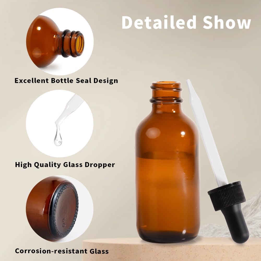 2oz Amber Dropper Bottle, 24P, Amber Glass Bottle, Leak Proof Travel Bottles Pipettes Dropper