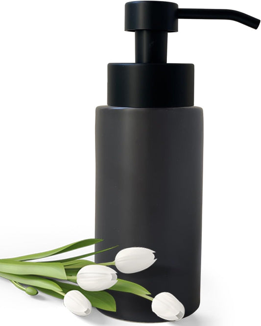 9.5 Oz Foaming Soap Dispenser for Bathroom,Kitchen Foam Soap Dispenser,Refillable Modern Foam Pump Bottle,Black Ceramic Foaming Hand Pump Dispenser (Black)