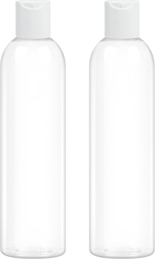 2 Pack 8 oz Clear Plastic Bottles with White Disc Caps Refillable Empty Squeeze Containers Cosmetic Bottles for Toiletries Conditioner Shampoo Lotions Gels