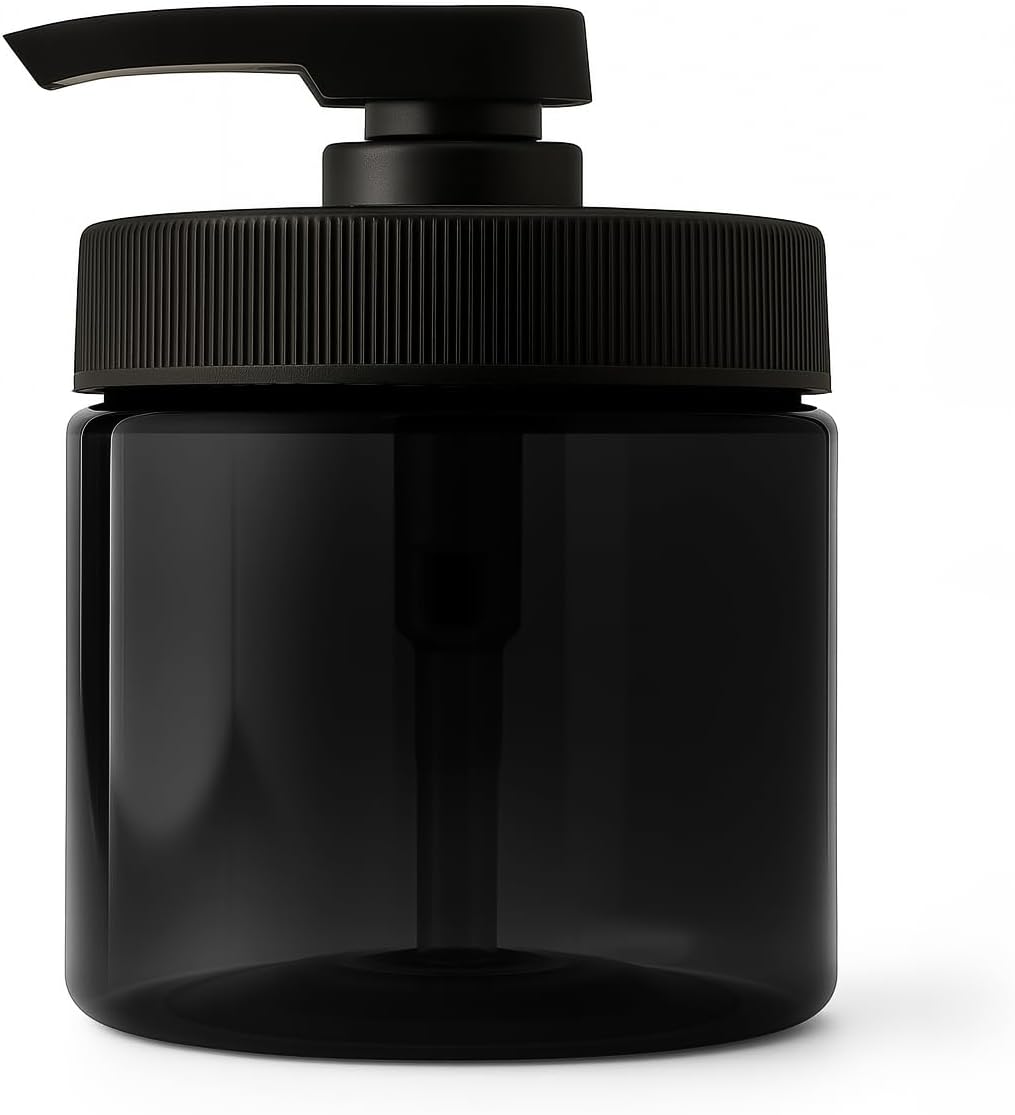 Royal Massage 16oz Refillable Pump Jar with Locking Dip Tube Dispenser – BPA-Free Plastic Container for Massage Oils, Lotions, Creams – Ribbed Lid Wide-Mouth Jar – Durable & Reusable (Black/Black, 12)