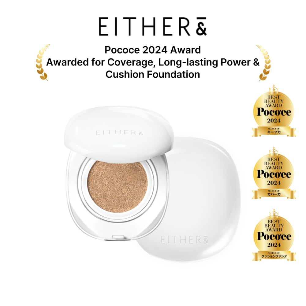EITHER& Glow Pixel Cushion Foundation, Glowy Skincare, Korean Makeup, Natural Coverage, Moisturizing, Lightweight, Long Lasting Coverage for Flawless Skin (17P Porcelain)