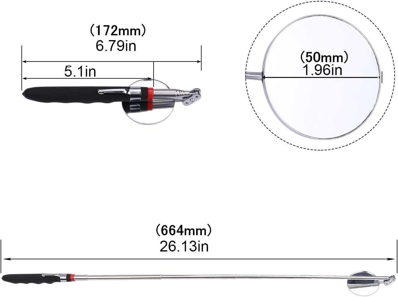 Telescopic Inspection 360 ° Mirror Kit with Light - Rectangular & Round extendable Mirrors ，Inspection Light- 34" Extended - 2 Pack