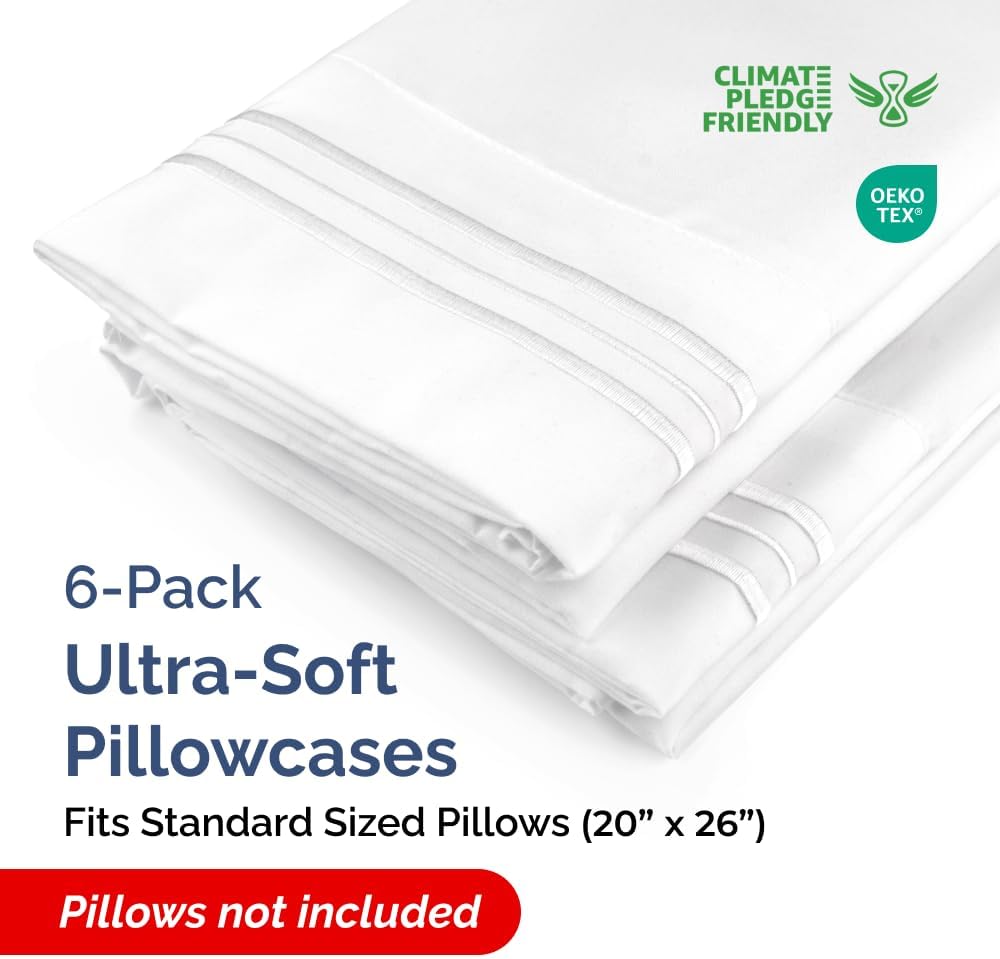 Standard Pillow Cases Set of 6 - Ultra Soft Hotel Quality Pillowcase Covers - Comfy, Cozy & Wrinkle Free - Shrink, Stain and Fade Resistant - Machine Washable Pillow Protectors - 6 Piece Set - White