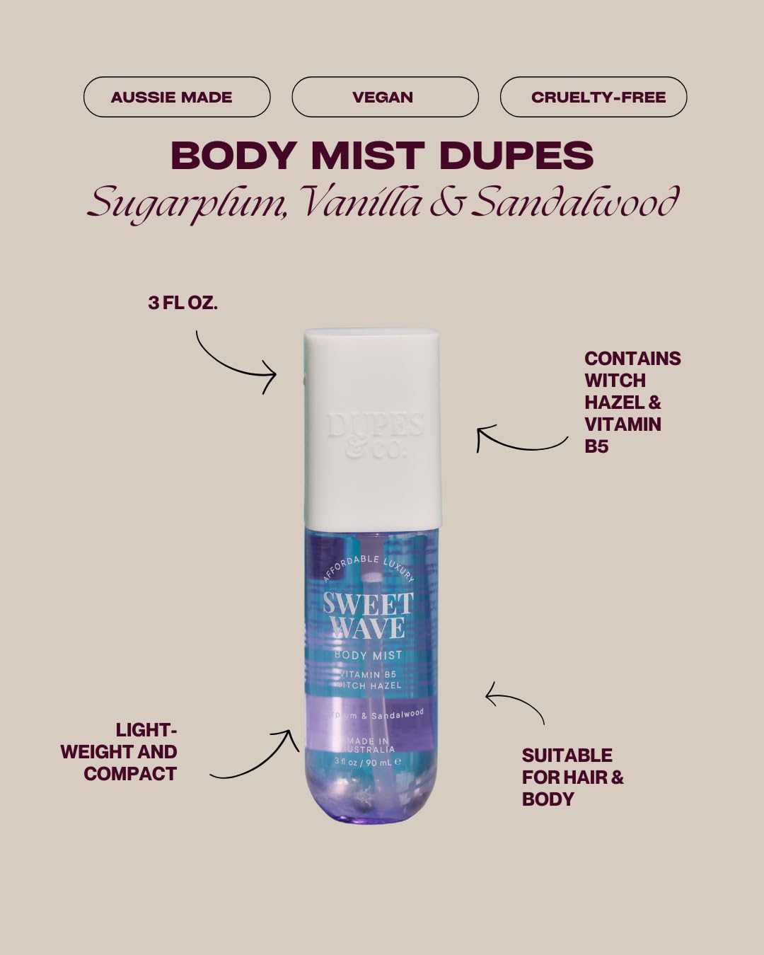 DUPES & CO. Sweet Wave Hydrating Body Mist for Women – Plum & Vanilla Orchid with Vitamin B5 & Witch Hazel – Sweet, Warm Scent in a 3 Fl Oz Bottle