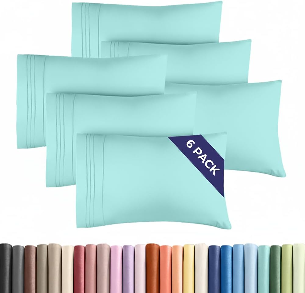 Standard Pillow Cases Set of 6 - Ultra Soft Hotel Quality Pillowcase Covers - Comfy, Cozy & Wrinkle Free - Shrink, Stain & Fade Resistant - Machine Washable Pillow Protectors - 6 Piece Set - Spa Blue