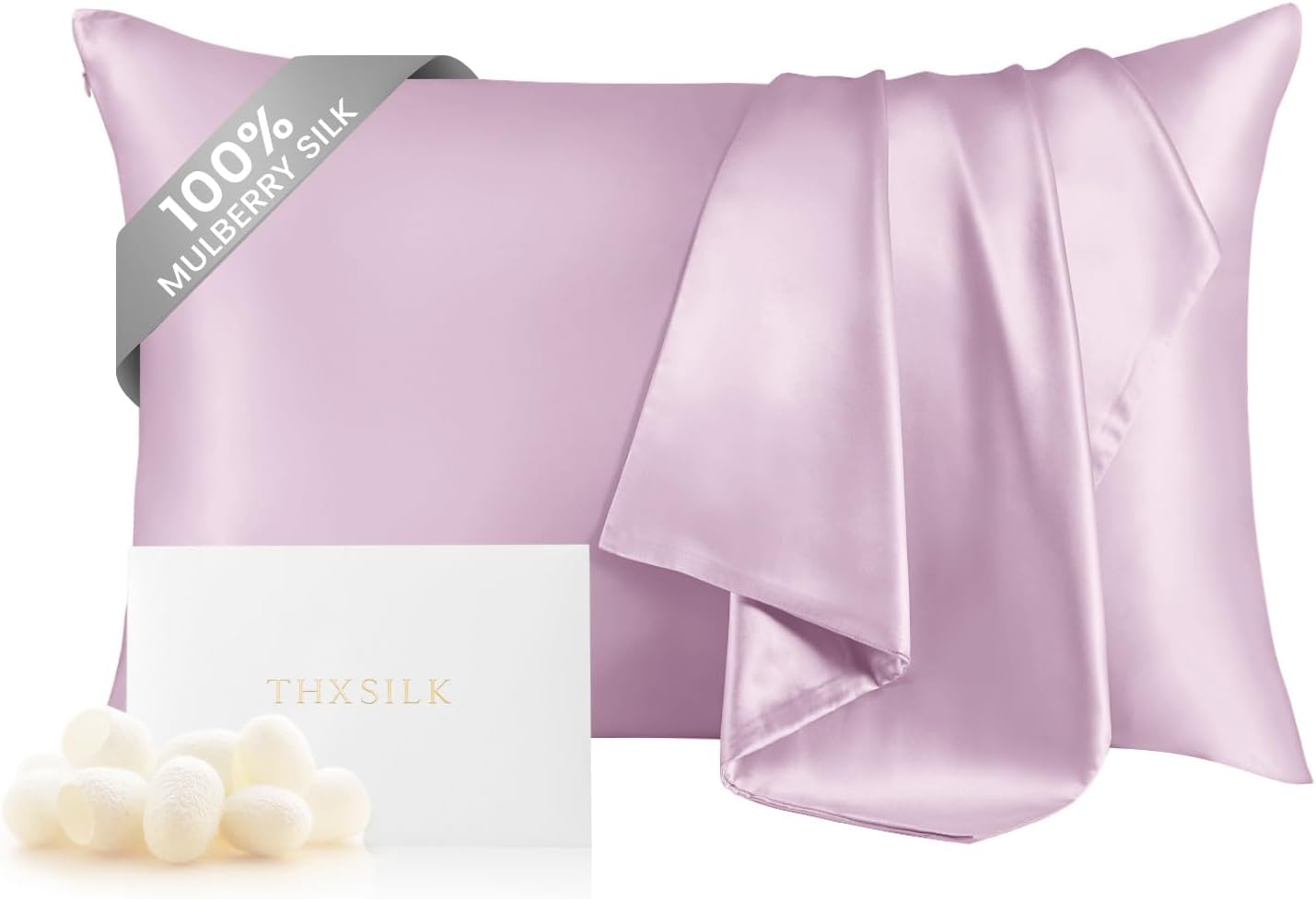THXSILK Mulberry Silk Pillowcase for Hair and Skin, 100% Mulberry Silk Bed Pillowcase, Hypoallergenic Soft Breathable Silk Pillow Case with Hidden Zipper, King Pillow Case 20"x36", Light Purple