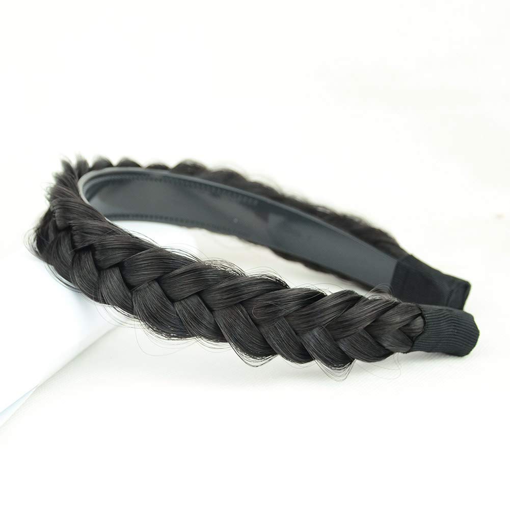 DIGUAN Headband Synthetic Hair Plaited Headband Braid With Teeth Hair Band Accessories for Women Girl Width 1.5 Inch (W-Natural Black)
