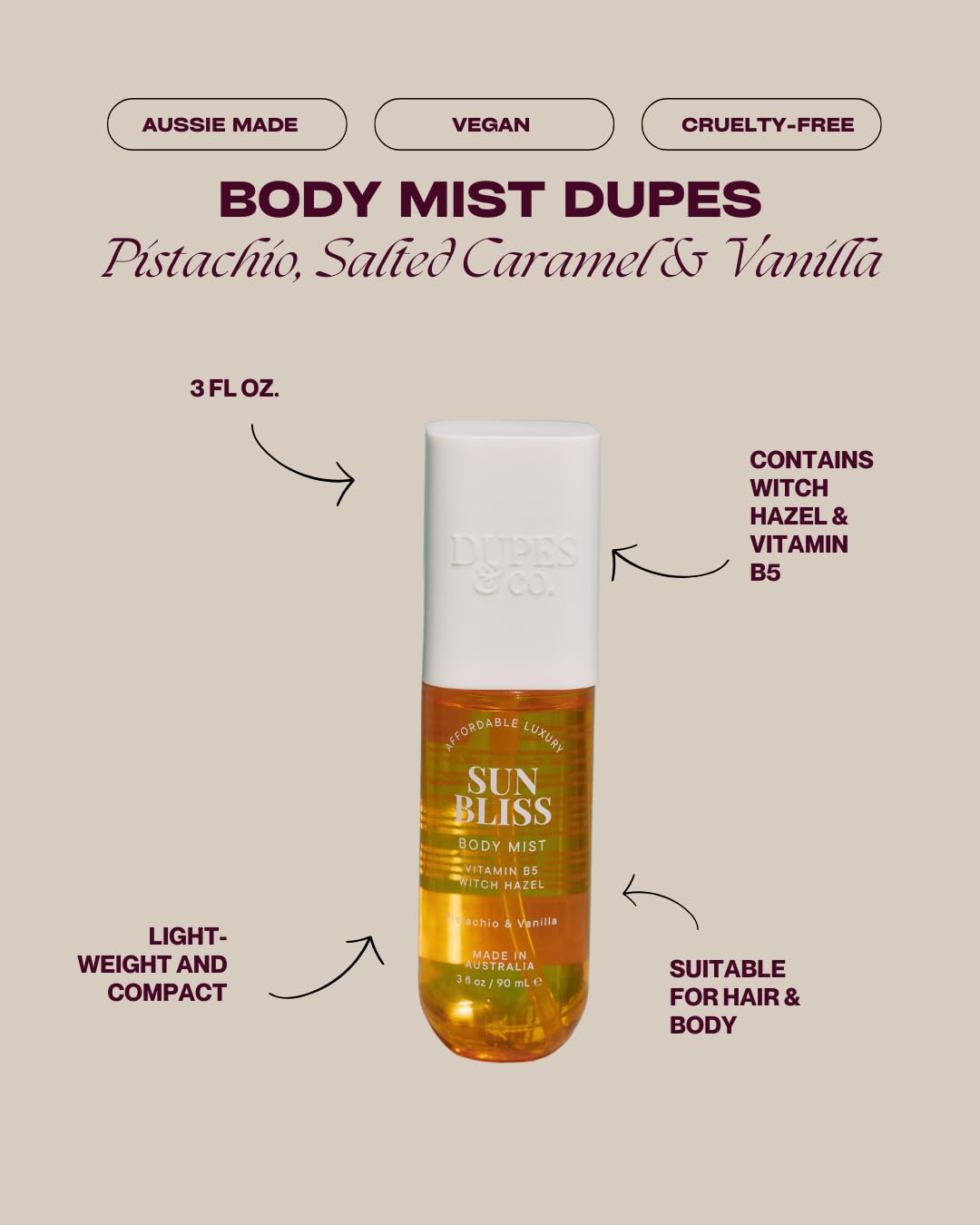 DUPES & CO. Sun Bliss Hydrating Body Mist for Women – Pistachio & Vanilla with Vitamin B5 & Witch Hazel – Sweet, Tropical Scent in a 3 Fl Oz Bottle