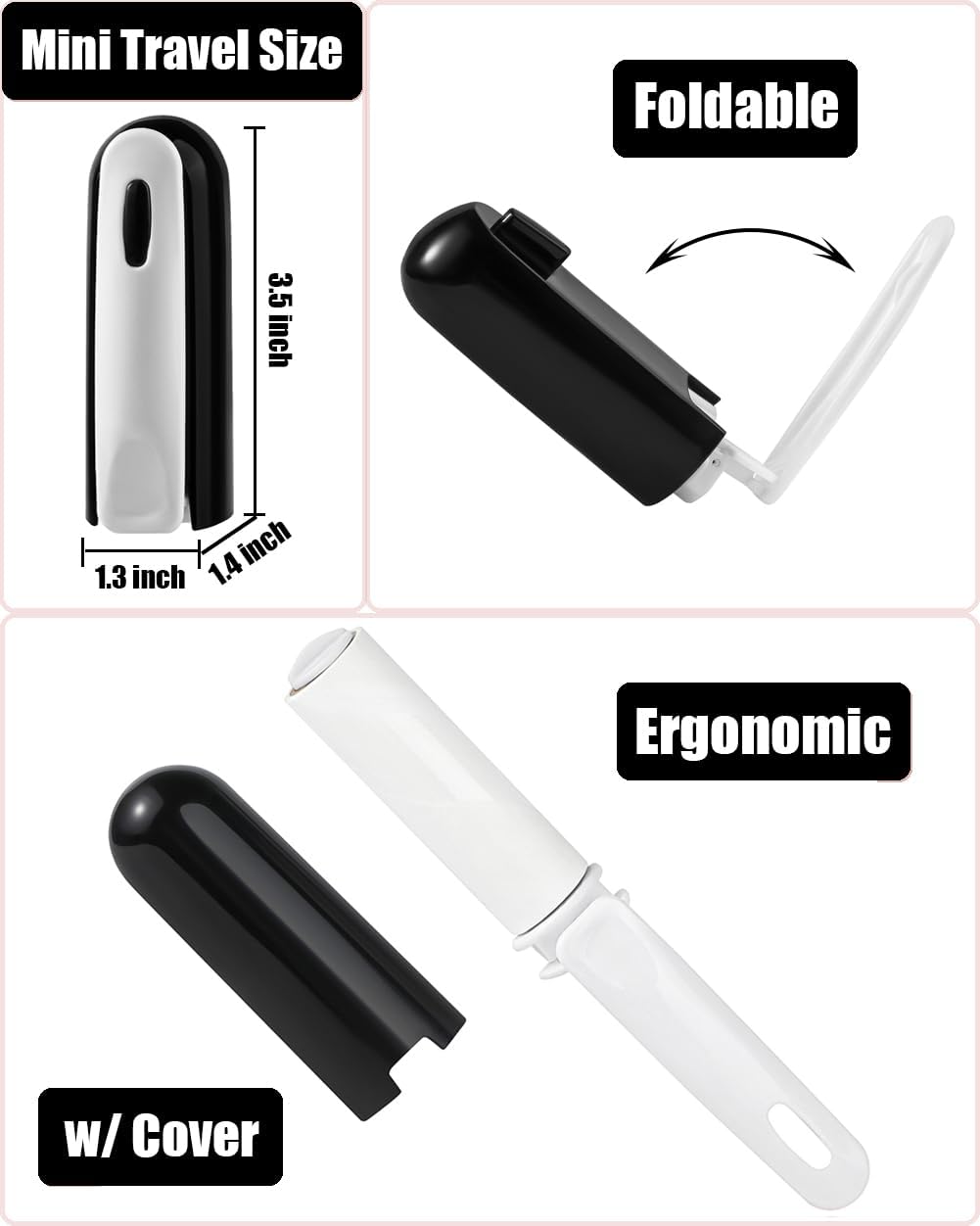 Travel Lint Roller for Clothes Mini Foldable Lint Remover with Cover and 4 Refills Total 150 Extra Sticky Sheets Travel Size Pet Hair Roller for Women Laundry Essentials (Black)
