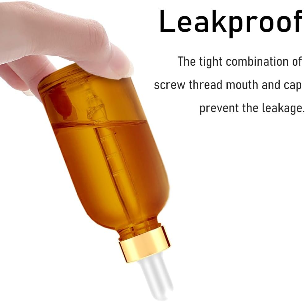 Bumobum Dropper Bottles 4oz, Amber Glass Bottles with Dropper for Essential Oils with Labels and Funnels, 2 Pcs Tincture Bottles with Golden Top (Unbreakable Plastic Eye Dropper with Measurements)