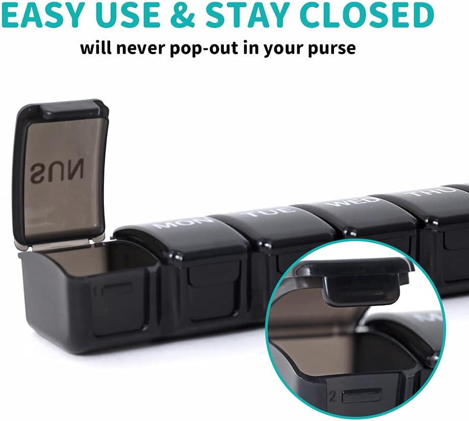2 Packs Small Weekly Pill Organizer,Pocket Daily Pill Case Pill Box for Pills/Vitamin/Fish Oil/Supplements (Black)