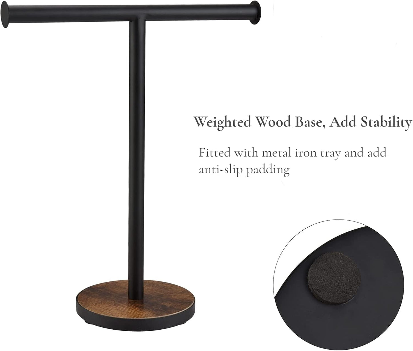 Towel Holder Stand, Countertop Hand Towel Stand for Bathroom and Kitchen, Free Standing Counter Towel Rack with Weighted Wood Base, Rustic Black and Brown