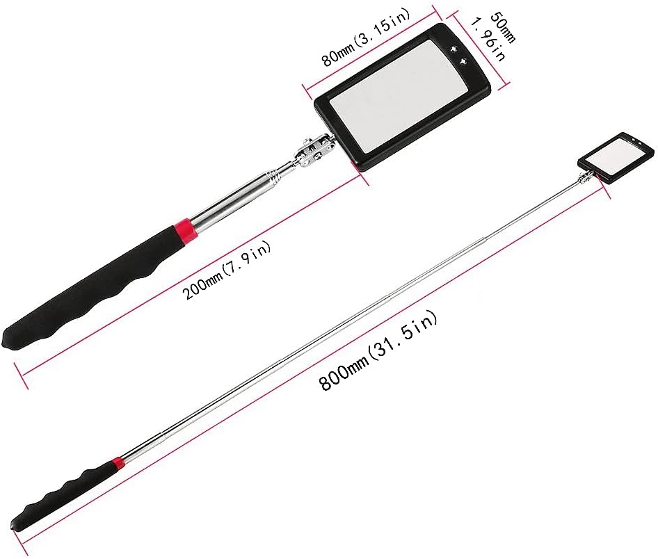 Telescopic Inspection 360 ° Mirror Kit with Light - Rectangular & Round extendable Mirrors ，Inspection Light- 34" Extended - 2 Pack