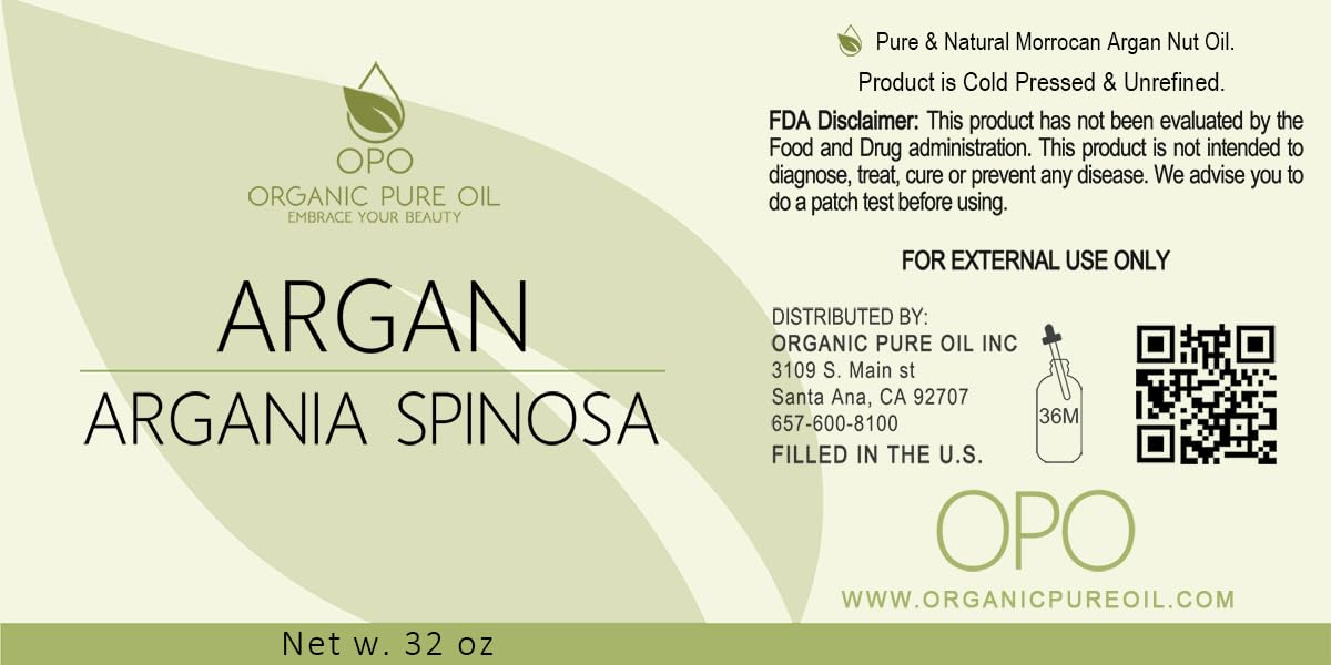 OPO Moroccan Argan Oil - Pure Unrefined Extra Virgin Cold Pressed Non GMO Bulk 32 oz - 1 Quart Carrier Oil for Hair Skin Face Body Nails Locs Lashes Facial Hair Beard & More Hydrating Argon