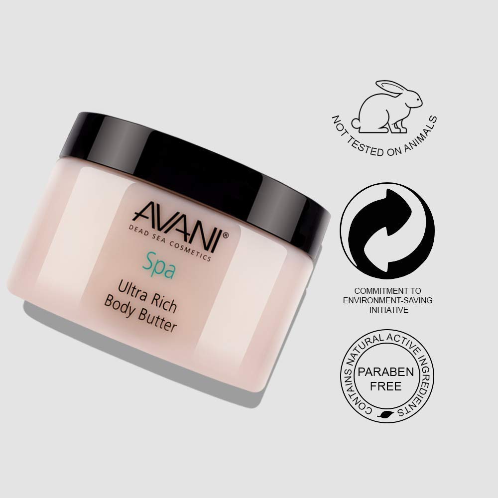 Avani Ultra Rich Body Butter - Dead Sea Salt, Aloe Vera, Vitamin E, Shea, Jojoba, Sunflower, Olive Essential Oil - Natural Butter for All Skin Types - Milk/Honey Fragrance