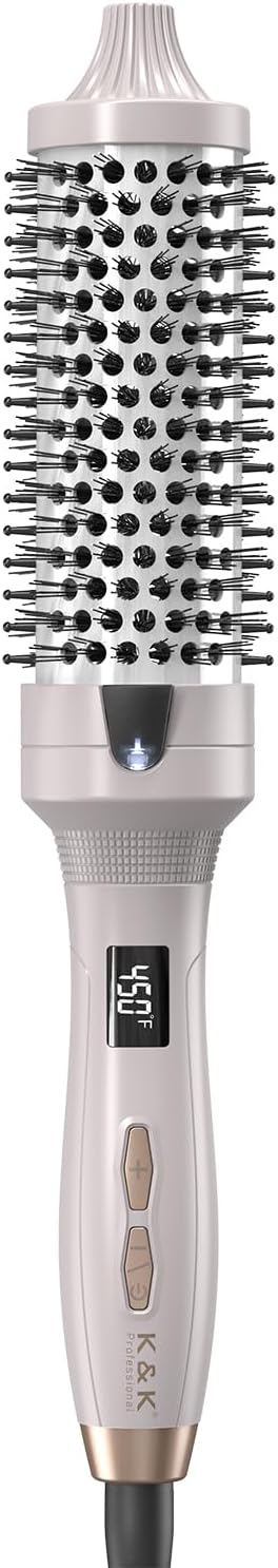 K&K 1 1/2 Inch Ceramic Tourmaline Ionic Heated Round Brush Curling Brush Creates Blowout Look -Creates Root Volume & Loose Curls Volume Curls Dual Voltage Hair Styling Tool (Silvery, 1.5 Inch)