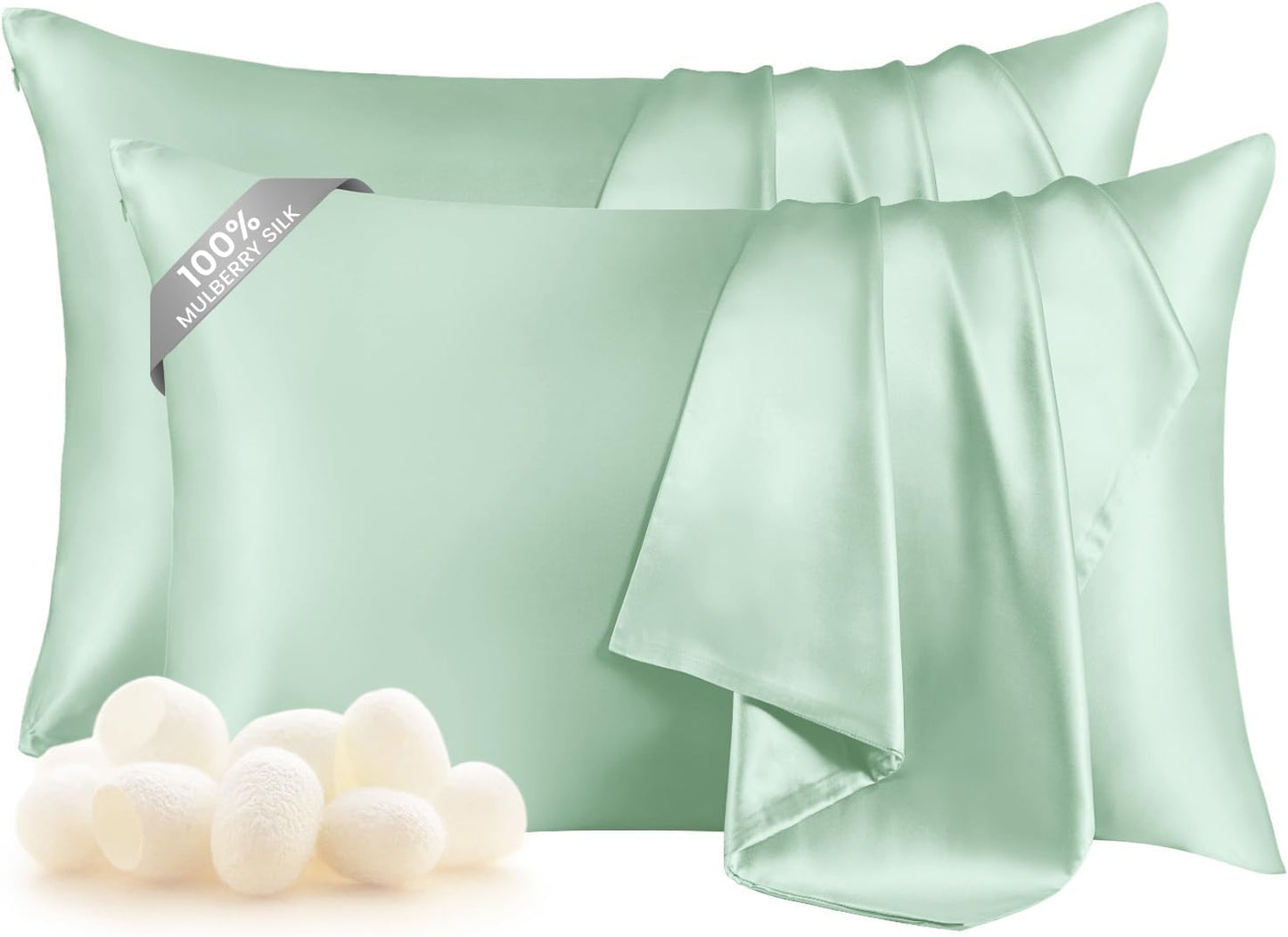 THXSILK Set of 2 100% Mulberry Silk Pillowcase for Hair and Skin, Grade 6A+ Mulberry Silk Pillow Cases Ultra-Soft, Hypoallergenic Pillow Case Cover with Zipper (Queen 20"x30", Turquoise Green)