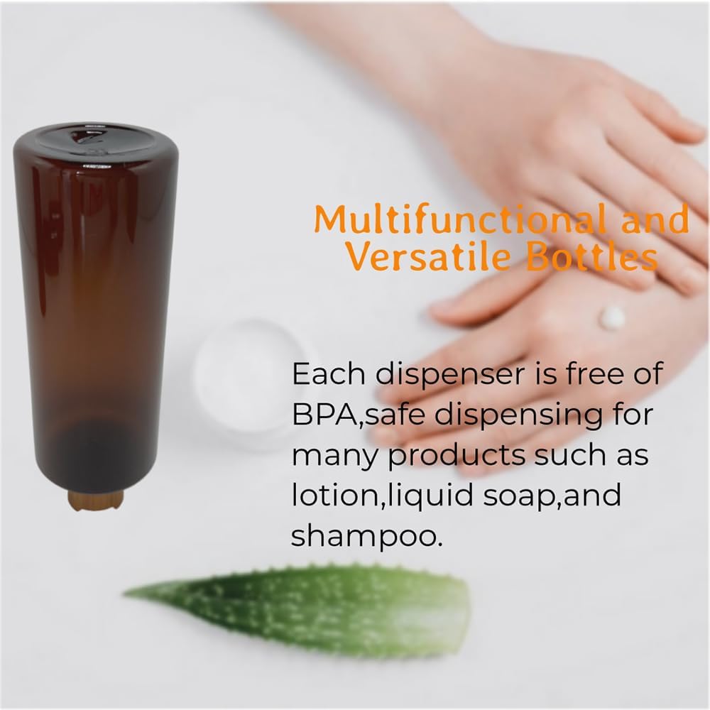 Empty Cosmetic Bottles 16oz/500ml 2 PACK With Bamboo Disc Top Flip Cap for Shampoo Lotion Liquid Soap,Cream,Refilable Plastic Squeeze Travel Size Toiletry Bottles Brown