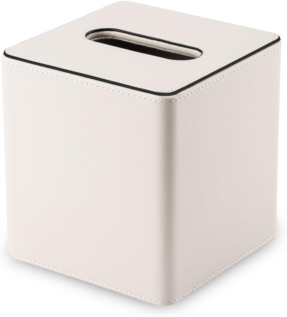 KINGFOM Leather Tissue Box Cover – Square Modern PU Leather Tissue Holder, Cube Tissue Dispenser for Home, Office, Bedroom, Bathroom – Elegant Minimalist Style (Ivory White-Square)