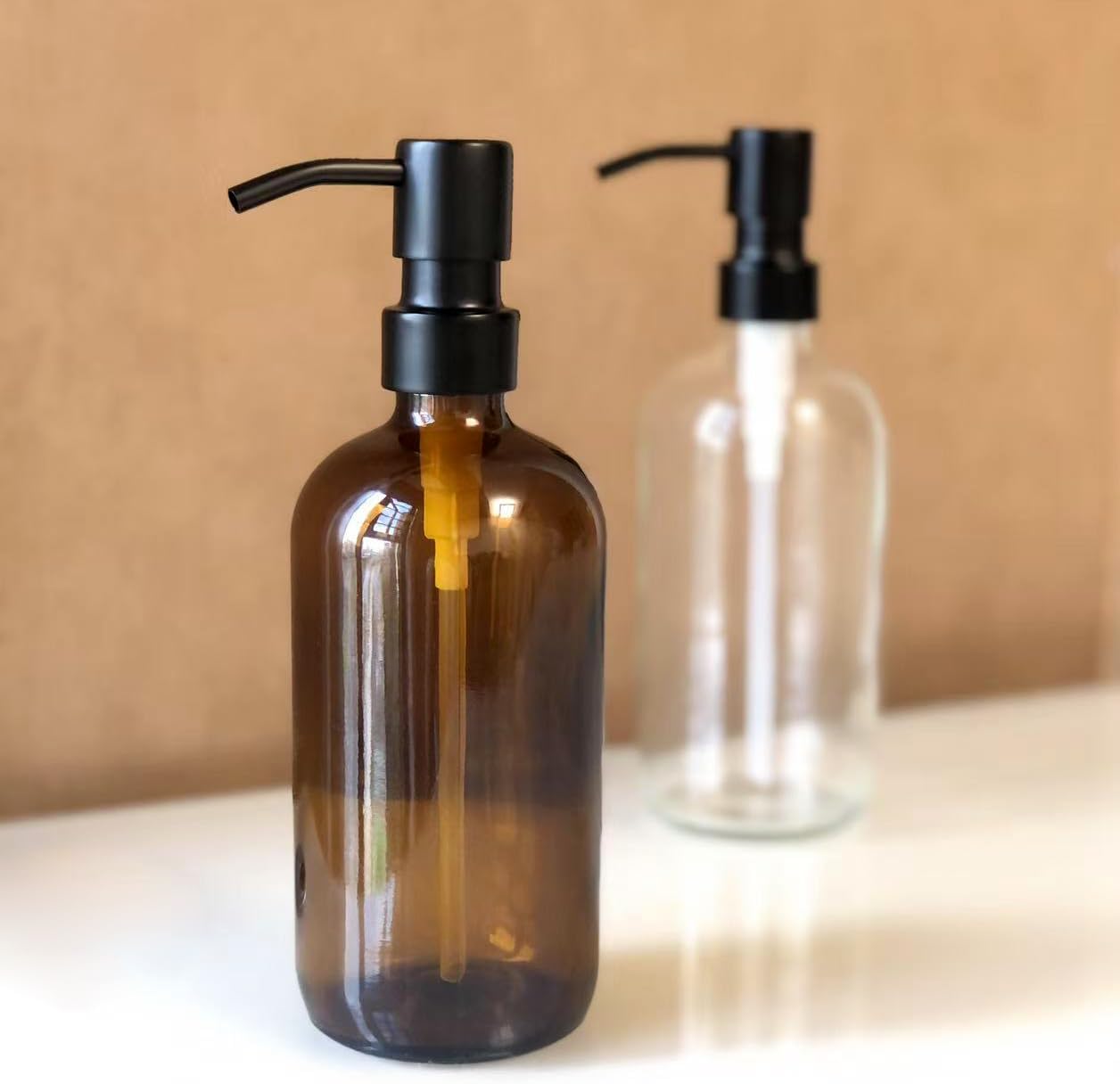 16oz Empty Stainless Steel Pump Bottles Dispenser 2 Pack Amber Refillable Pump Bottle for Shampoo, Liquid Soap, Massage Oil