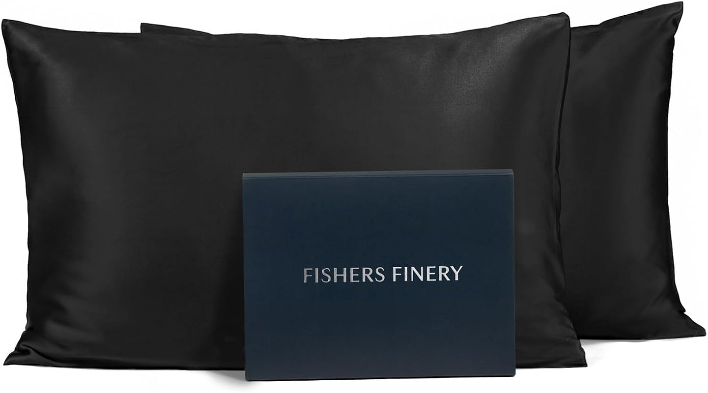 Fishers Finery 25mm 100% Pure Mulberry Silk Pillowcase (Black King 2 Pack)