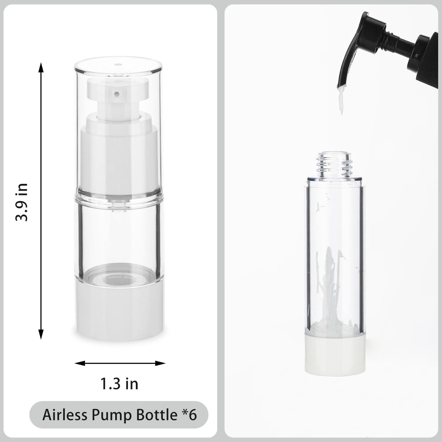 0.5OZ/15ML Clear Airless Pump Bottles, Lotion Dispenser Travel with Pump, Vacuum Plastic Travel Size Lotion Bottle for Foundation, Creams, Cosmetic(6 Pack)