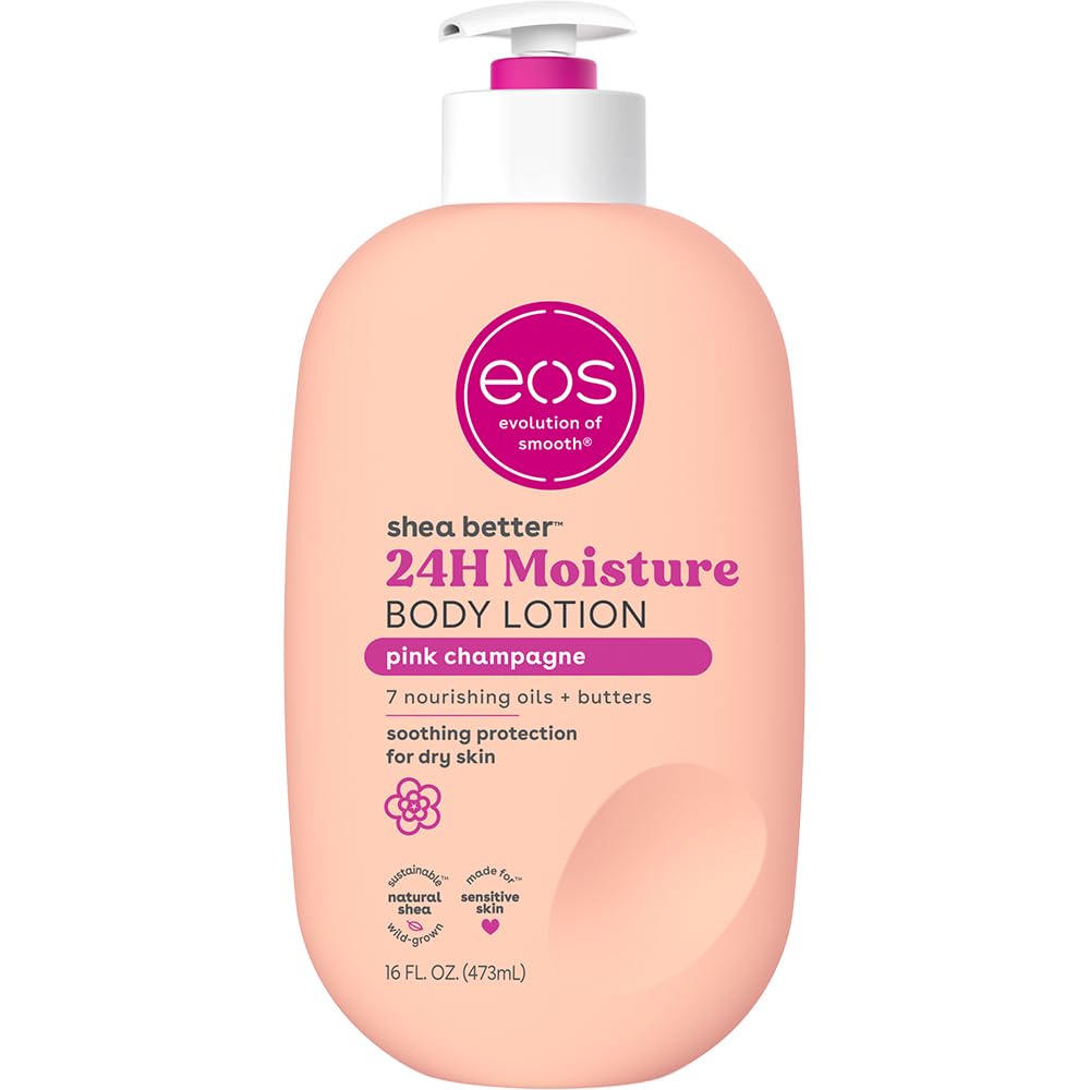 eos Shea Better Body Lotion Pink Champagne, 24-Hour Moisture Skin Care, Lightweight & Non-Greasy, Natural Shea, Vegan, 16 fl oz