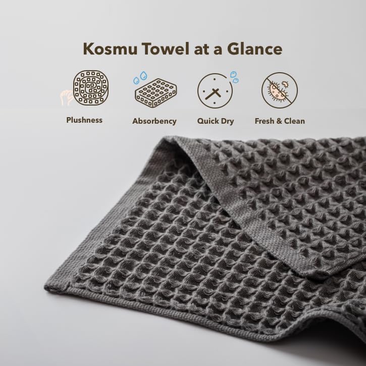 Luxury Japanese Cotton Waffle Bath Towel | Plush, Absorbent, and Quick Dry (Smoke Grey, Hand Towel, 32" x 16")