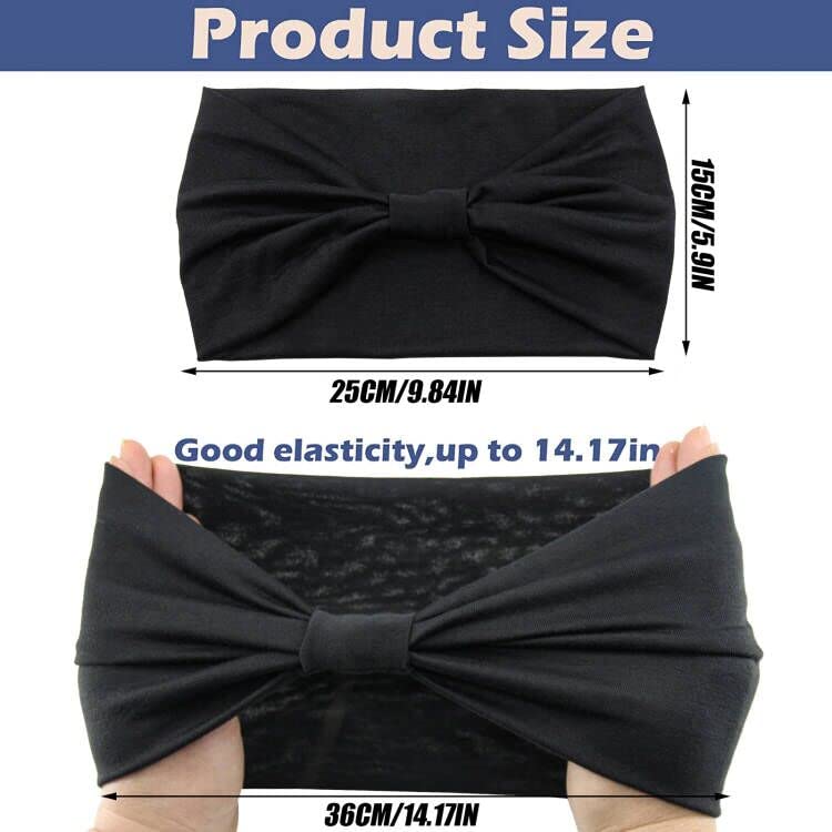 Yeshan Black Wide Turban Headbands for Women - 6 Pack Knotted Boho Thick Head Wraps, Large African Sport Yoga Hairbands