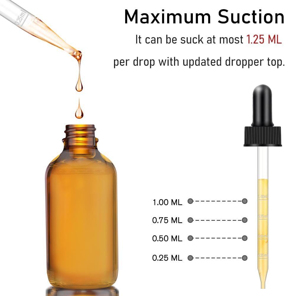 Bumobum 4 oz Dark Amber Dropper Bottles with Measured Dropper, 48 Pack Glass Eye Dropper Bottle for Essential Oils with Funnel, Labels & Pipette, Tincture Bottle (Unbreakable Plastic Eye Dropperz)