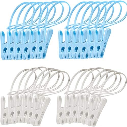 24 Pack ClothesPins with Plastic Rope, Clothesline Drying Clothing Clips for Photo Craft Painting Display, 12Pcs Blue 12Pcs White