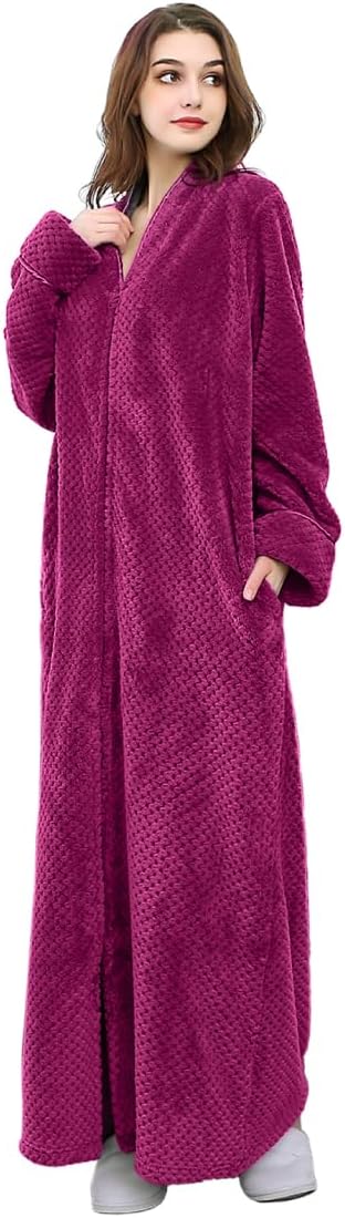 Artfasion Womens Fleece Robe Plush Long Zip Front Bathrobe with Pockets Warm Soft Zippered Bathrobes for Women