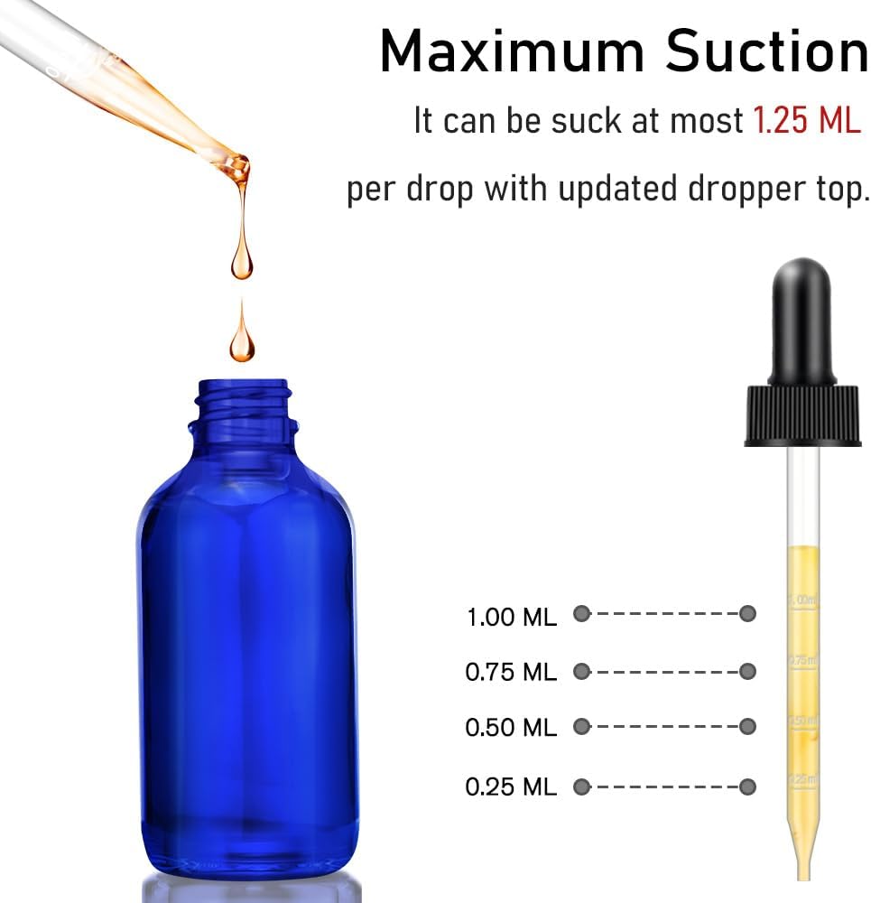 Bumobum 6 pack, 4oz Glass Dropper Bottle, Blue Glass Eye Dropper Bottle for Essential Oils with Funnel, Labels & Pipette (Unbreakable Plastic Measurements)