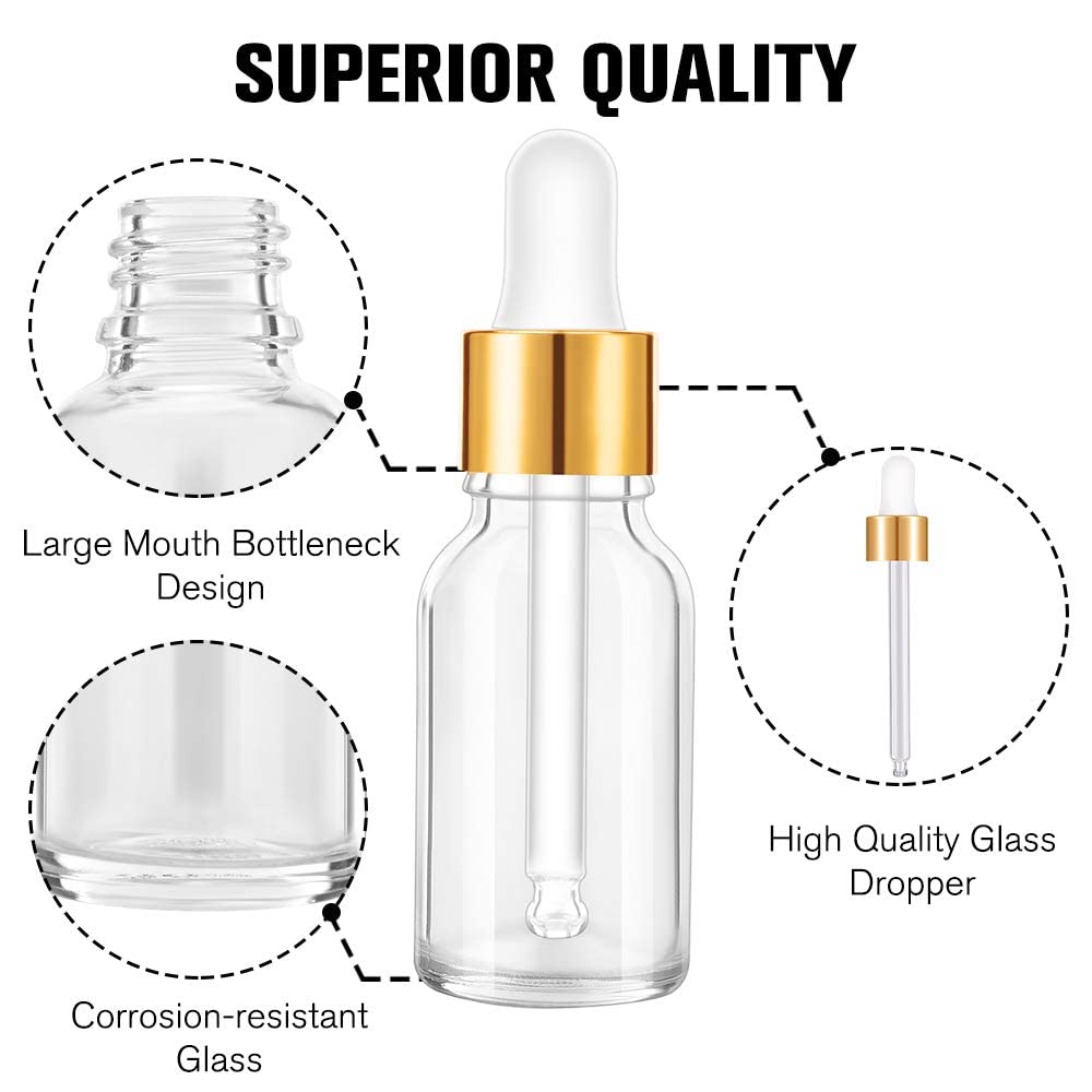 PrettyCare Glass Eye Dropper Bottles 24 Pack, 0.5oz (15ml) Clear Empty Thick Bottles Bulk with Leakproof Golden Caps - With Labels & Funnels for Storage, Travel, Essential Oils, Cuticle, Tinctures