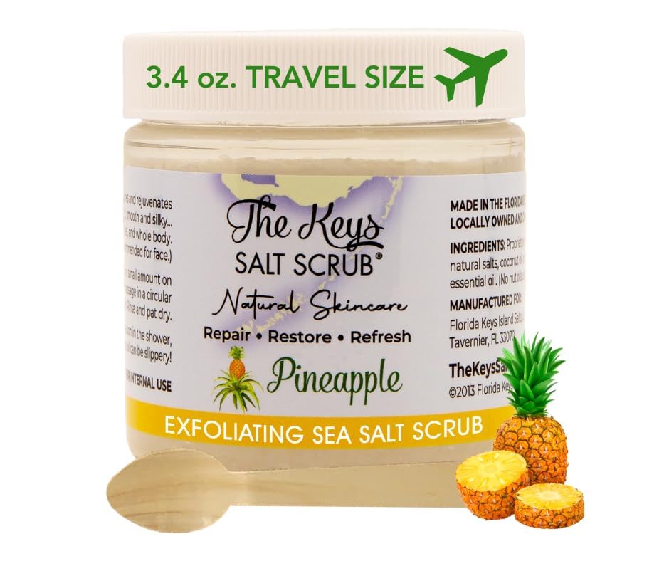 The Keys Salt Scrub -Sea Salt Scrub - Exfoliating Body Scrub with Wooden Spoon - Moisturizing Exfoliator for Hands, Foot, Bath, (3.4 Ounce (Pack of 1), Pineapple)
