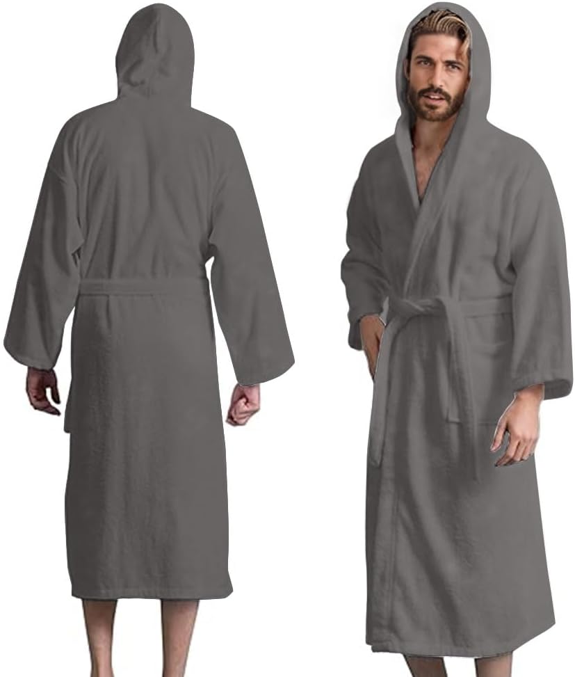 Men’s Hooded Bathrobe, 100% Cotton Terry Bathrobe, Spa Style Bath Robe, Absorbent Shower Robe, Lightweight Towel Bathrobes