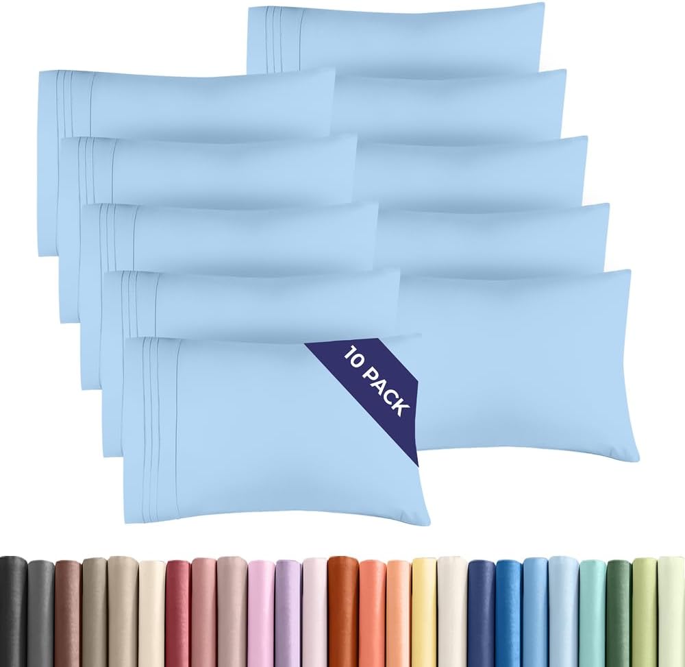 Queen Pillow Cases Set of 10 - Ultra Soft Hotel Quality Pillowcase Covers - Comfy, Cozy & Wrinkle Free - Shrink, Stain & Fade Resistant - Machine Washable Pillow Protectors - 10 Piece Set - Light Blue