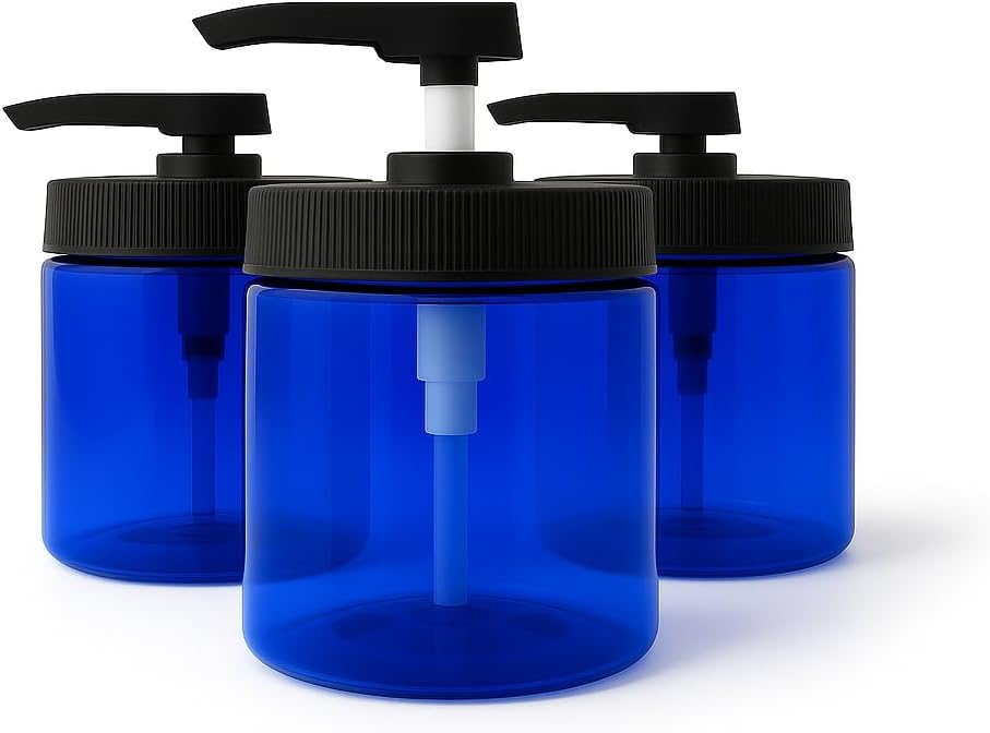 Royal Massage 16oz Refillable Pump Jar with Locking Dip Tube Dispenser – BPA-Free Plastic Container for Massage Oils, Lotions, Creams – Ribbed Lid Wide-Mouth Jar – Durable & Reusable (Blue/Black, 3)