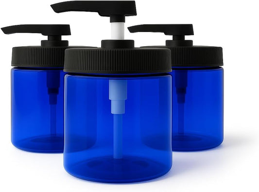 Royal Massage 16oz Refillable Pump Jar with Locking Dip Tube Dispenser – BPA-Free Plastic Container for Massage Oils, Lotions, Creams – Ribbed Lid Wide-Mouth Jar – Durable & Reusable (Blue/Black, 3)