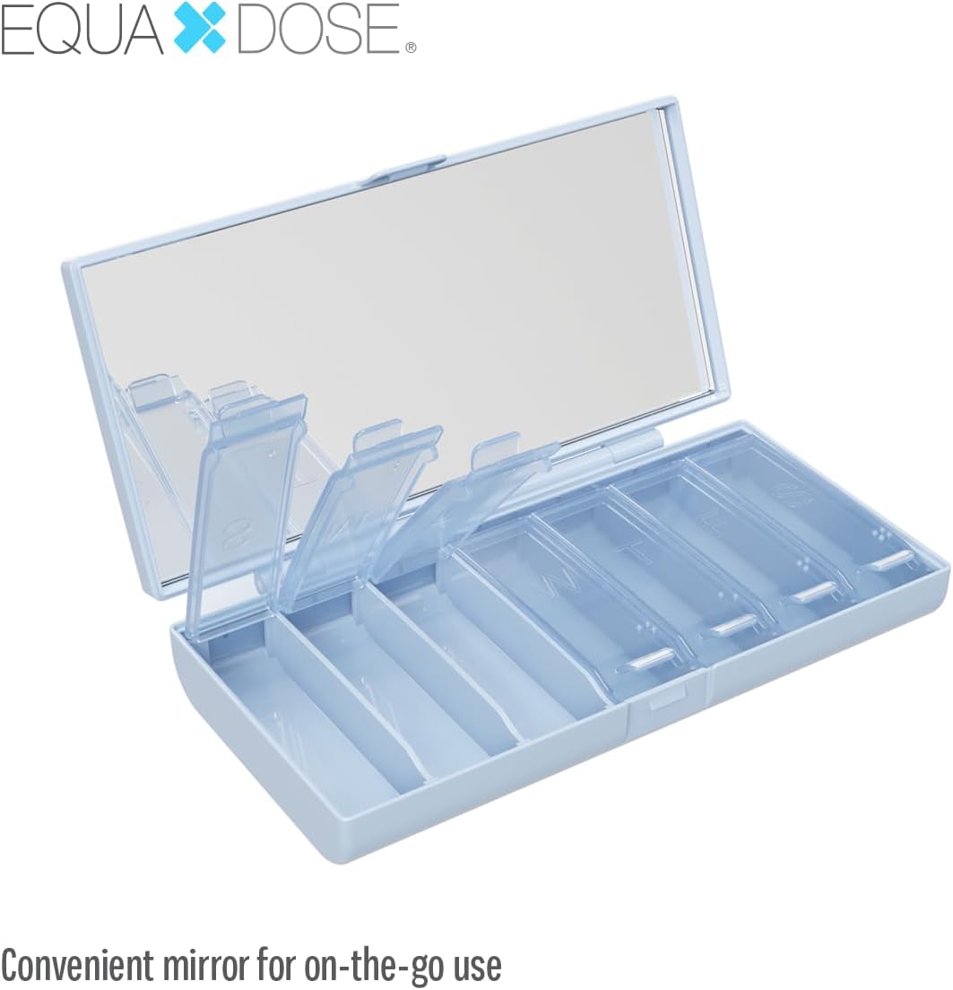 EQUADOSE Weekly Pill Case, 7-Day Medicine Organizer with Mirror, Compact Vitamin Storage Box, Pill Planner, 7 Individual Compartments for Supplements, Tablets, and Medications, Blue