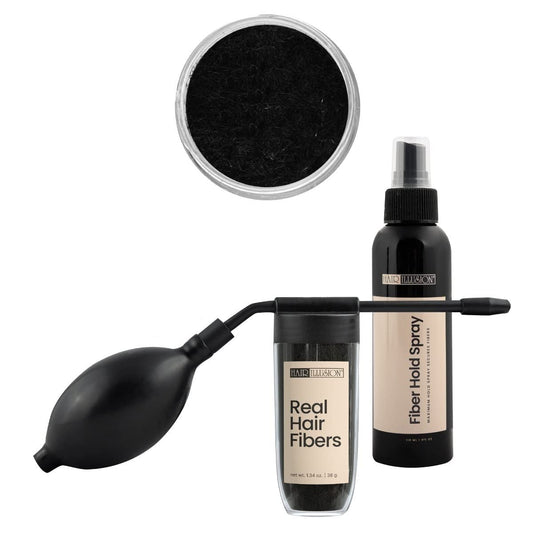 Hair Illusion Combo Kit - Hold Spray, 38g Hair Fiber Bottle, Applicator & Hairline Optimizer (Jet Black)
