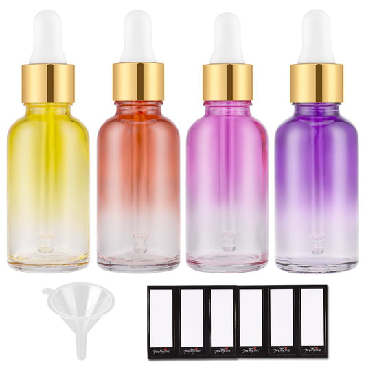 PrettyCare 4 Pack 1oz Dropper Bottle for Essential Oils, 30 ml Rainbow Glass Leak Proof Essential Oils Bottles with Labels, Funnel & Pipettes- Empty Tincture Bottles for Personal Care & Beauty