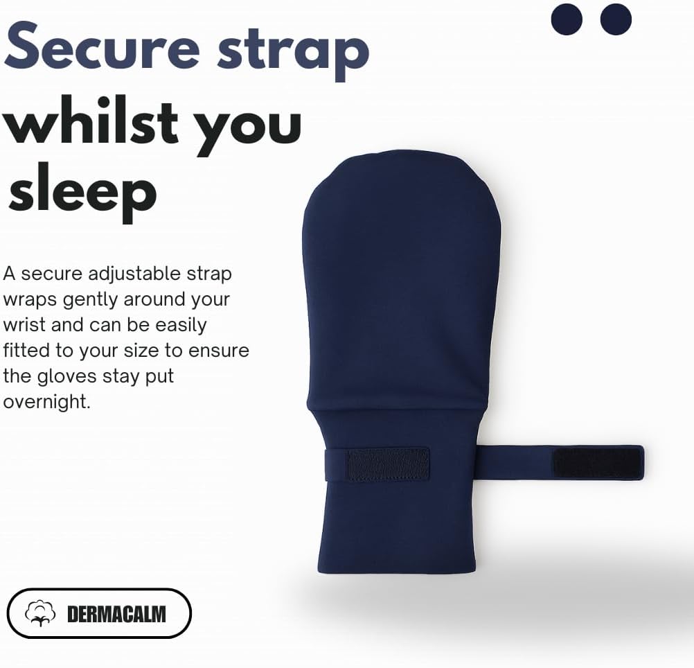 Organic Cotton Eczema Gloves/Mittens for Adults – Anti-Scratch Nighttime Sleeping Gloves with Secure Adjustable Strap – Reusable & Washable – Navy, 1 Pair (S/M/L) (Large)