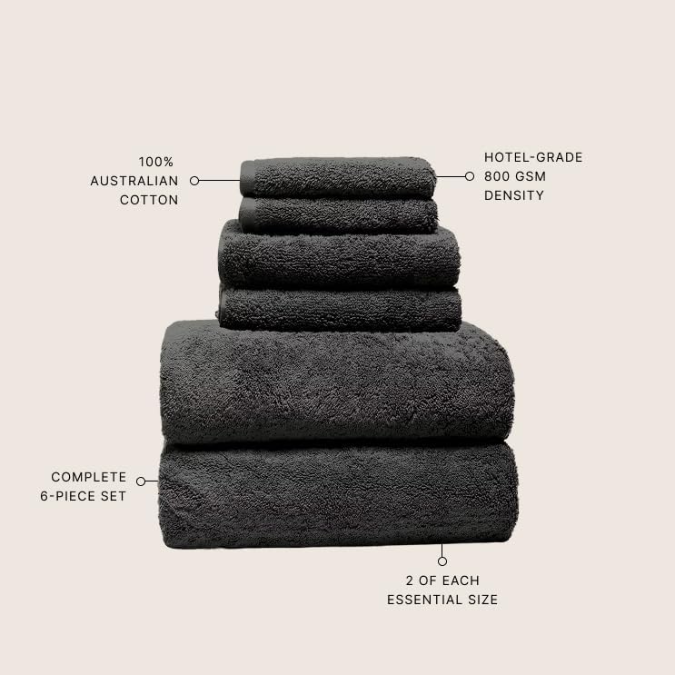 Italic Ultraplush 100% Australian Cotton Towels Standard 6 Piece Set, 2 Bath, 2 Hand, 2 Washcloths, 800GSM Lightweight, Highly Absorbent & Quick Dry Soft Resort Grade Towels (Charcoal)