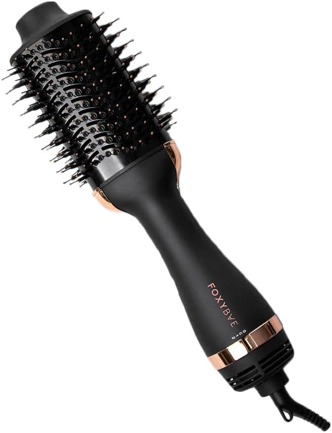 FoxyBae Blowout Hot Air Brush - 75mm Hair Dryer, Curler, Volumizer & Straightener - Ceramic Tourmaline Ionic Technology with Dual Bristles (Black Rose-Gold)
