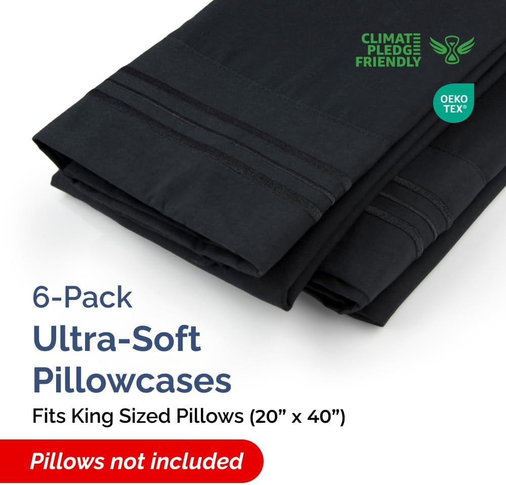 King Pillow Cases Set of 6 - Ultra Soft Hotel Quality Pillowcase Covers - Comfy & Wrinkle Free - Shrink, Stain and Fade Resistant - Easy-Care, Machine Washable Pillow Protectors - 6 Piece Set - Black