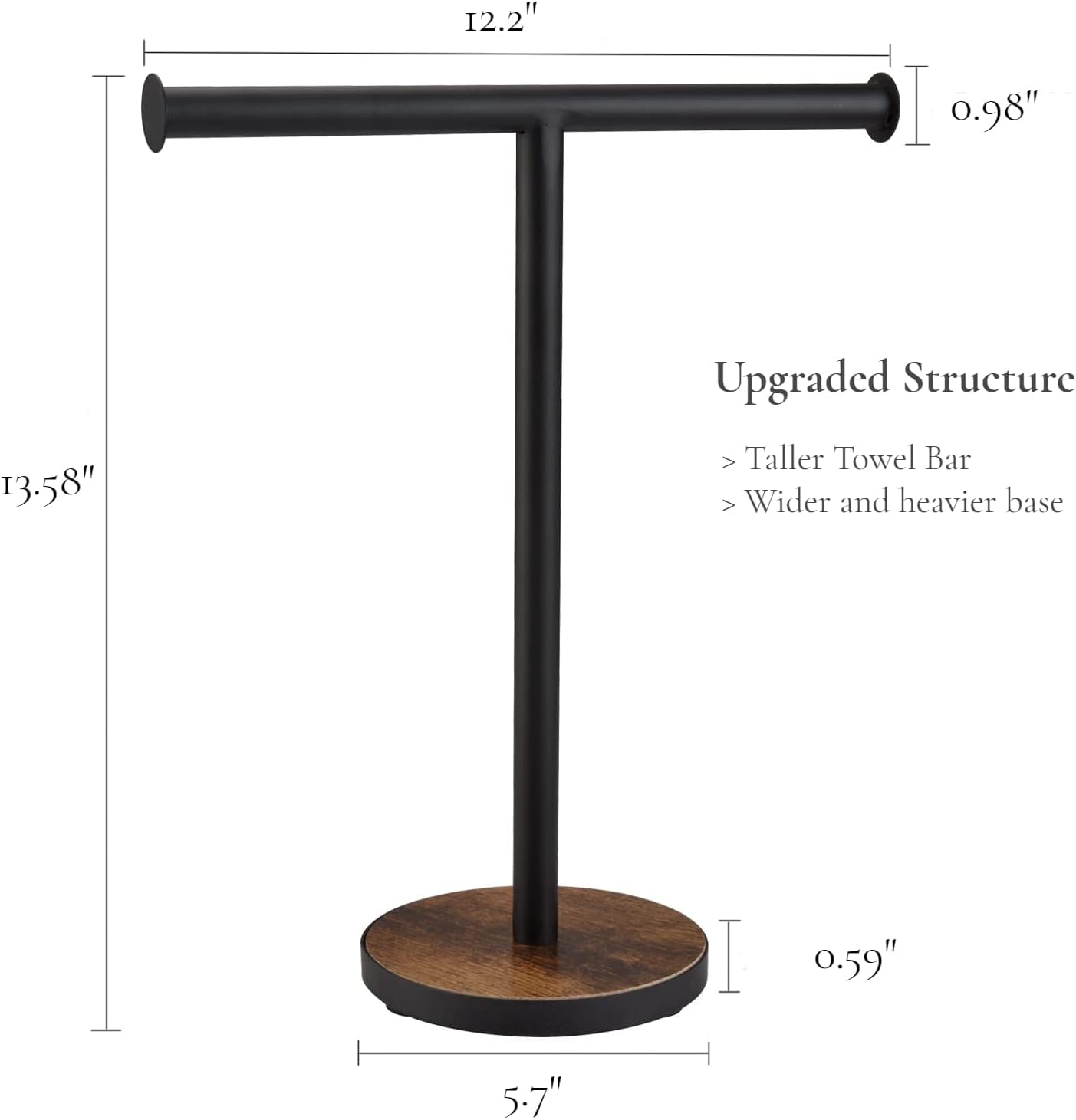 Towel Holder Stand, Countertop Hand Towel Stand for Bathroom and Kitchen, Free Standing Counter Towel Rack with Weighted Wood Base, Rustic Black and Brown