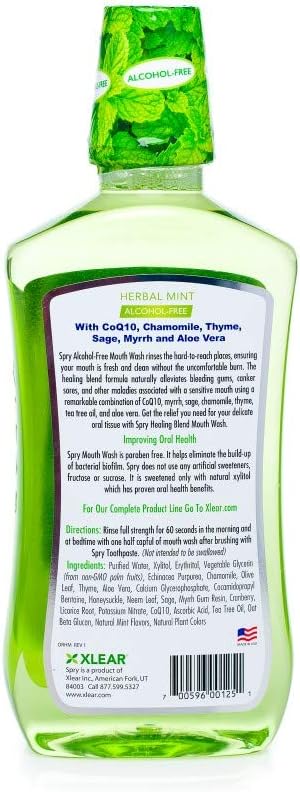 Spry Natural Xylitol Mouthwash Fluoride Free with Enamel Support, Alcohol-Free, Gentle, Non-GMO, Herbal Mint - 16 fl oz (Pack of 2)