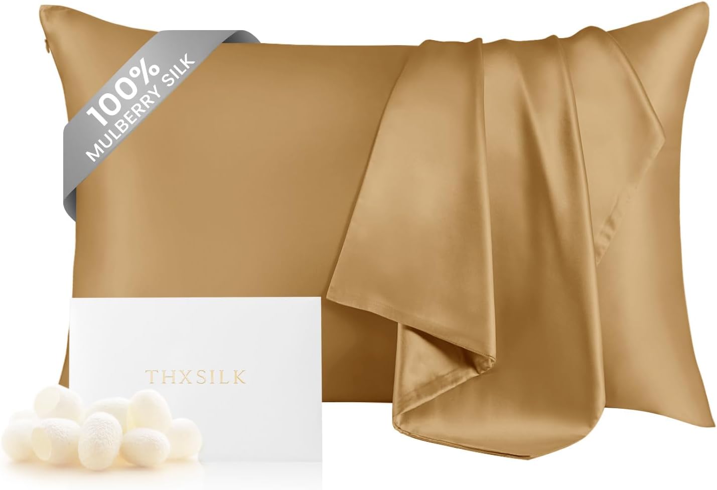 THXSILK 100% Mulberry Silk Pillowcase for Hair and Skin, Grade 6A+ Silk Pillow Case with Hidden Zipper, Hypoallergenic Pillow Case with Zipper, 1pc (Queen 20"x30", Metallic Gold)