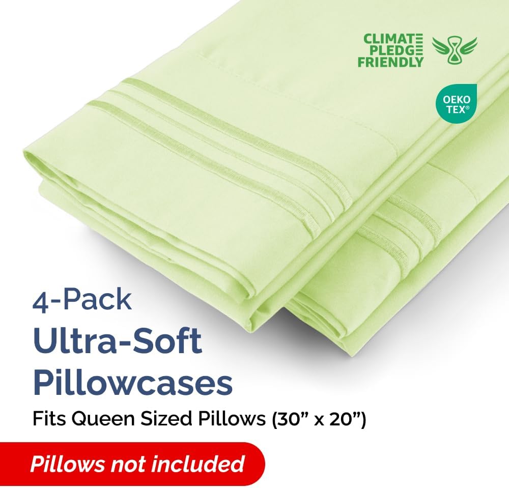 Queen Pillow Cases Set of 4 - Ultra Soft Hotel Quality Pillowcase Covers - Comfy, Cozy & Wrinkle Free - Shrinkage & Fade Resistant - Machine Washable Pillow Protectors - 4 Piece Set - Light Sage Green